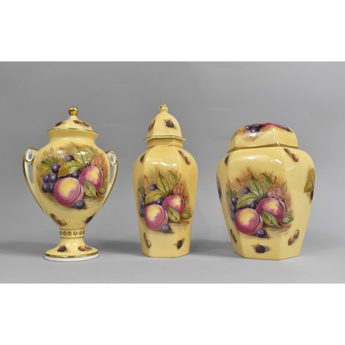 340 - Three Large Pieces of Aynsley Orchard Gold to Comprise Lidded Jar and Cover, Lidded Twin Handled Vas... 