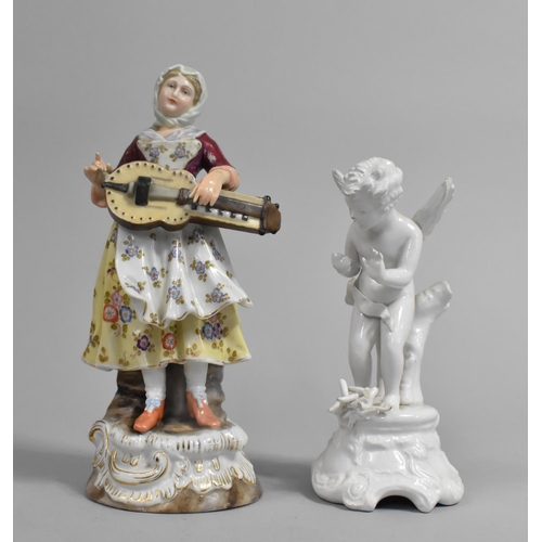 344 - A German Porcelain Figure of Lady Playing Lute Together with a Blanc De Chine Figure of Winged Cheru... 