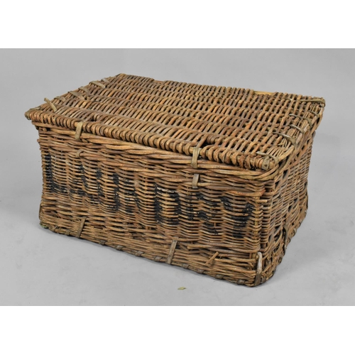 424 - A Vintage Wicker Laundry Basket, Inscribed Wembley, 78cms Wide