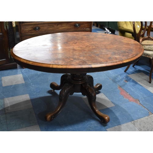 431 - A Victorian Burr Walnut Snap Top Oval Breakfast Table on Quadrant Base on Four Scrolled Supports Cul... 