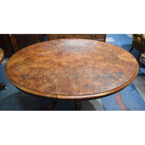 431 - A Victorian Burr Walnut Snap Top Oval Breakfast Table on Quadrant Base on Four Scrolled Supports Cul... 