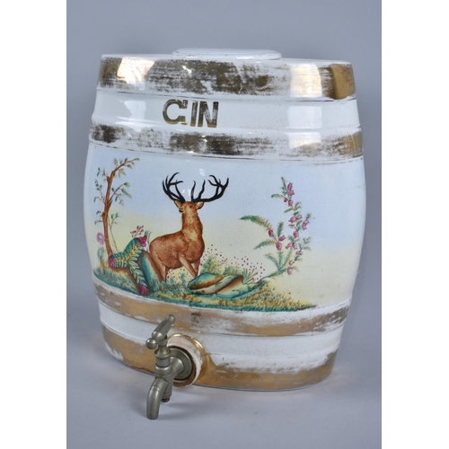 66 - A Mid 20th Century Ceramic Gin Barrel decorated with Stag, Complete with Tap, 33cms High