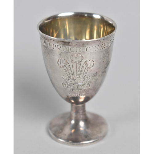76 - A Commemorative Silver Egg Cup Engraved with The Prince of Wales Feathers for The Investiture of Pri... 