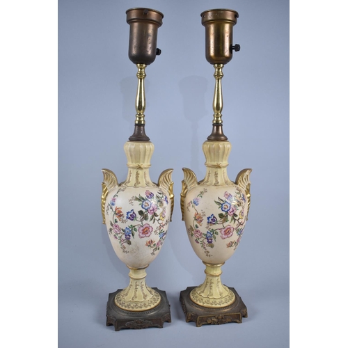 79 - A Pair of Ceramic and Brass Table Lamps, Vase Form with Multi Coloured Enamels Depicting Flowers, Ma... 