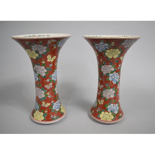 207 - A Pair of Late 19th Century Oriental Vases Decorated with Chrysanthemum and Butterflies on Red Groun... 