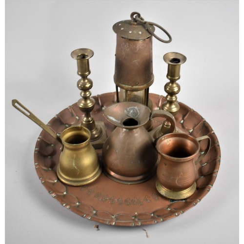 134 - A Collection of Copper and Brass Items to Include Miners Lamp, Measuring Jug, Cider Warmer, Candlest... 