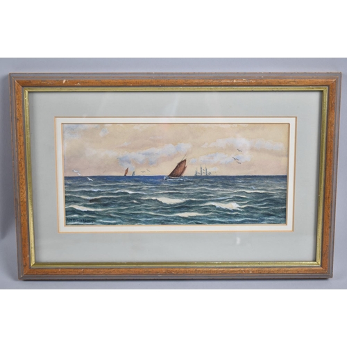 140 - A Small Framed Watercolour Depicting Barges at Sea, Signed A W Henderson 1901, 22x10cm