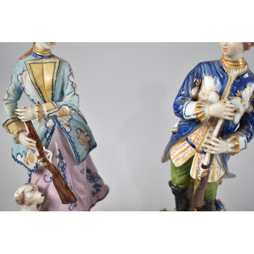 304 - A Pair of Meissen Porcelain Figures, Lady and Gent with Sporting Guns, 29cm high, Some Condition Iss... 