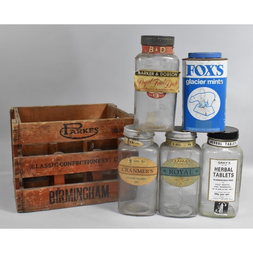 349 - A Vintage Parkes Confectionary Crate Containing Four Vintage Glass Sweet Jars and a Fox's Glacier Mi... 