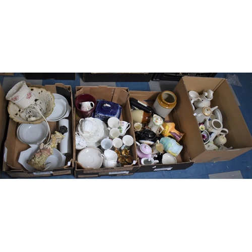 357 - Four Boxes of Ceramics to Include Teapots, Posey Ornaments, Cheese Dish, Pyrex Kitchenwares etc