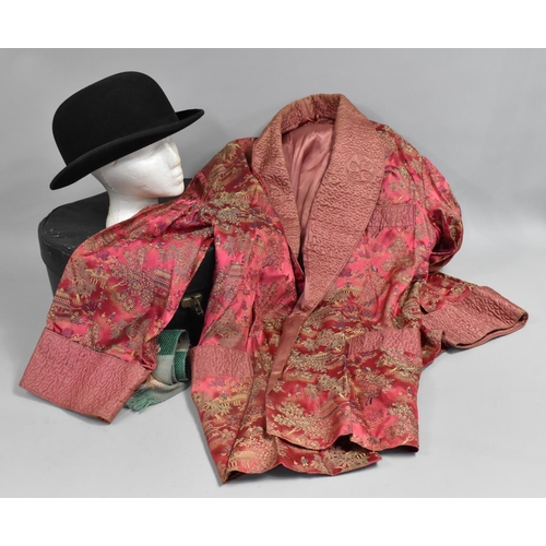 370 - A Circular Ladies Overnight Case Containing Bowler Hat and Chinoiserie Smoking Jacket