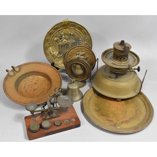 395 - A Set of Vintage Postage Scales and Weights on Wooden Plinth, Brass Stove, Brass Wall Plaques etc