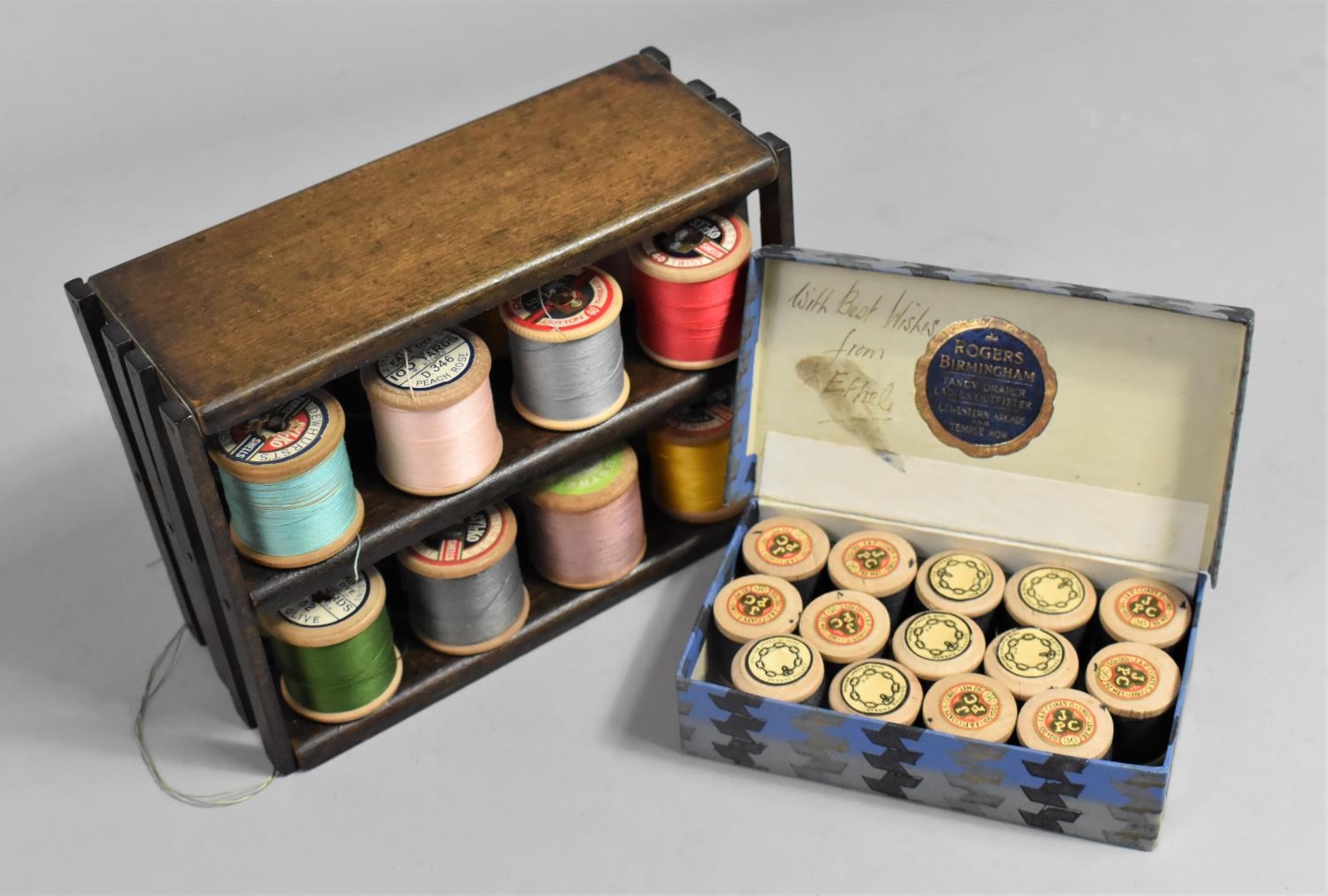 A Late 19th/Early 20th Century Cotton Reel Holder for 16 Reels together  with a Boxed Set of Miniatur