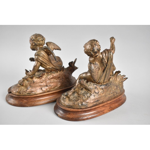 20 - A Pair of Continental Bronzed Spelter Studies of Cherubs on Oval Naturalistic Bases with Wooden Plin... 