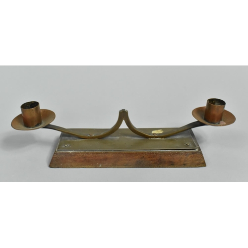 1 - An Arts and Crafts Two Branch Candle Stand with Hand Beaten Copper Candle Holders Affixed to Brass P... 