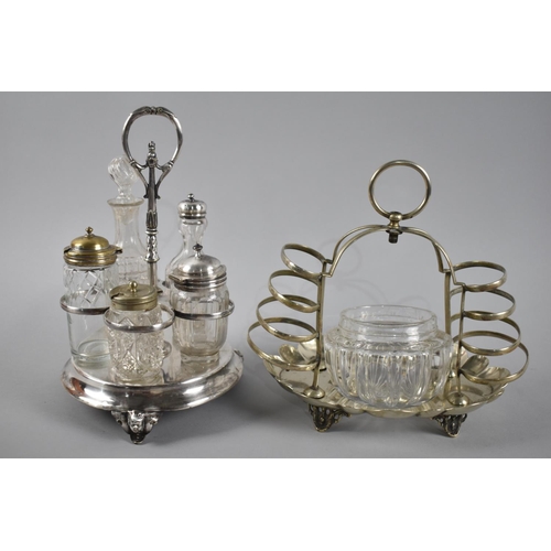 107 - An Victorian Silver Plated Toast Stand with Glass Preserve Pot, Together with Five Bottle Cruet, Som... 