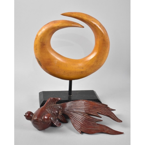 112 - A Carved Wooden Oriental Goldfish and a Modern Art Sculpture