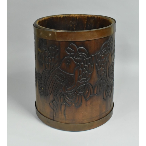 114 - A Carved Wooden Cylindrical Waste Bin Decorated with Birds, 30cm Diameter and 36cm high