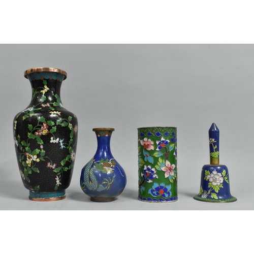 121 - A Collection of Three Cloisonne and Enamelled Vases and one Handbell, Tallest 23cm high