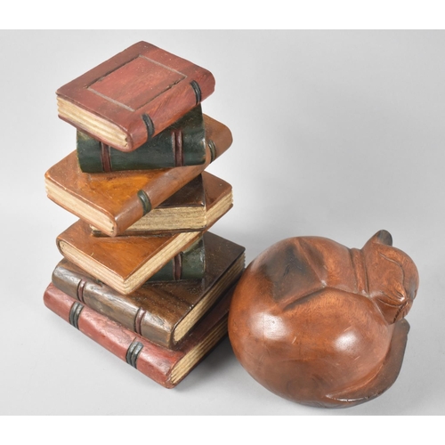 128 - Two Modern Wooden Carvings, Pile of Books and sleeping Cat