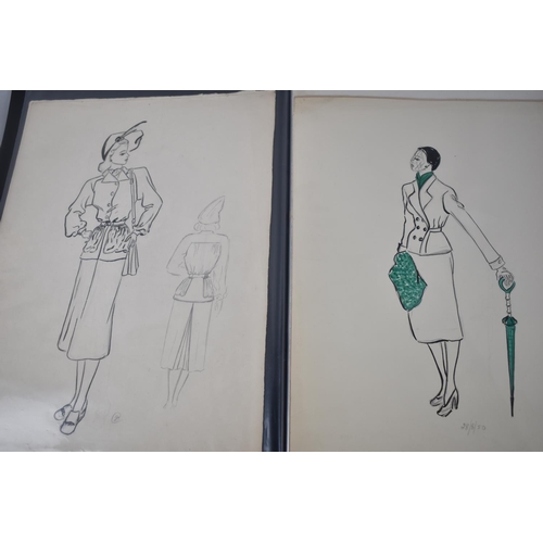 134 - A Vintage Folio of Fashion Designs from 1948-1950 in Pen and Ink, Watercolour and Pencil, Over 80 in... 