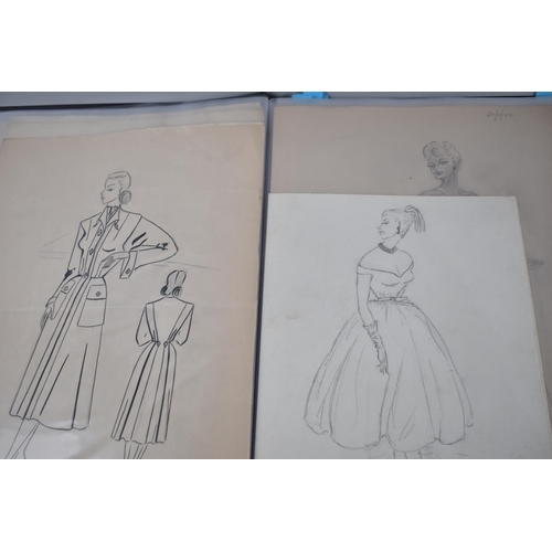 134 - A Vintage Folio of Fashion Designs from 1948-1950 in Pen and Ink, Watercolour and Pencil, Over 80 in... 