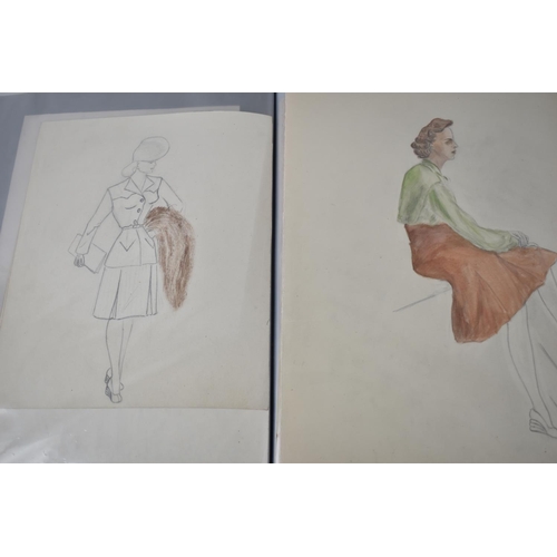 134 - A Vintage Folio of Fashion Designs from 1948-1950 in Pen and Ink, Watercolour and Pencil, Over 80 in... 