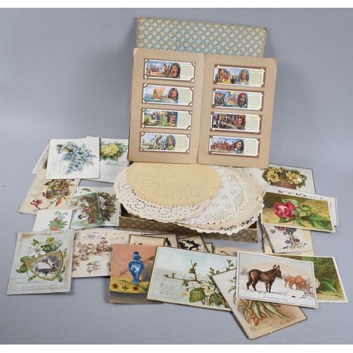 146 - A Boxed Collection of Vintage Doylies Together with a Collection of Loose Greetings Cards etc