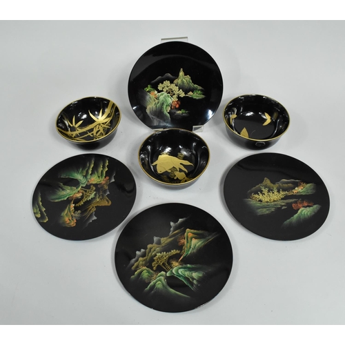 182 - A Collection of Japanese Lacquerware to Include Four Saucers and Three Bowls