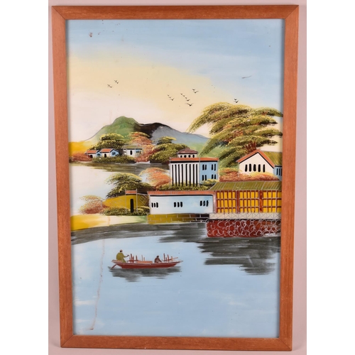 271 - A Framed Oriental Oil on Glass Depicting Boat in Lake Beside Village, 40x60cm