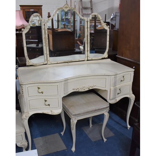 476 - A Nice Quality Cream and Gilt Serpentine Front Dressing Table with Triple Mirror Back, complete with... 