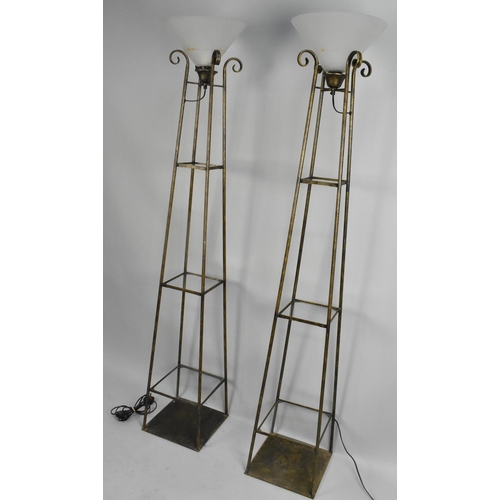 486 - A Pair of Modern Wrought Iron Pyramid Shaped Standard Lamps Incorporating Three Glass Shelves, 173cm... 