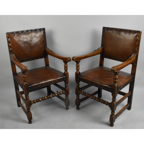 491 - A Pair of Mid 20th Century Oak Framed Leather Upholstered Side Chairs with Turned supports and Front... 