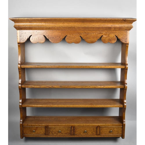 496 - An Oak Wall Hanging Plate Rack with Four Base Drawers, 101cm wide