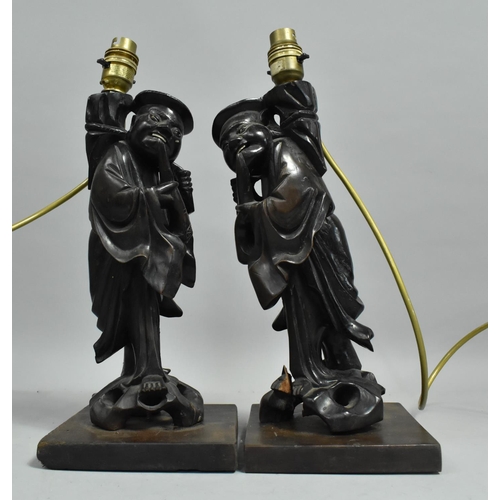 72 - Two Carved Hardwood Oriental Figures Converted to Table Lamps, One AF, 38cm high