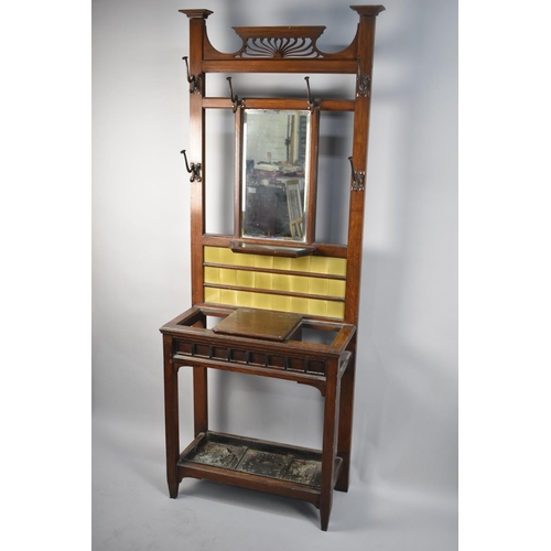 89 - An Art Nouveau Tile and Mirror Back Hall Stand with Centre Glove Compartment Having Hinged Lid, Meta... 