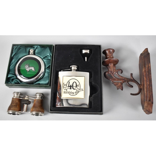 99 - Two Boxed Hip Flasks, Candle Sconce and Pair of Opera Glasses