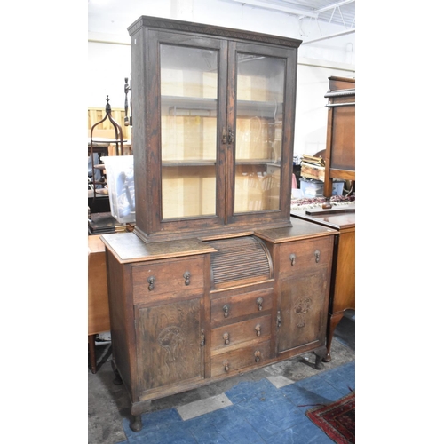 504 - An Edwardian Oak Combination Bureau Bookcase, the Base Section with Centre Tambour Roll Front to Fit... 