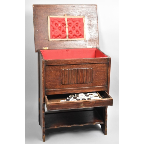 124 - A Mid 20th Century Oak Lift Top Sewing Box with Base Drawer and Stretcher Shelf, 48cm wide