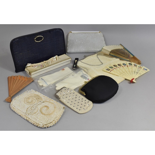 264 - A Collection of Vintage Ladies Evening Bags and Purses, Souvenir Fans, Mother of Pearl Necklace etc