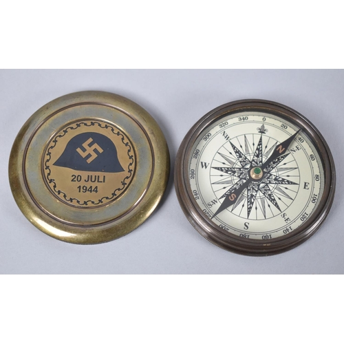 35 - A Reproduction Circular Brass Compass, The Screw Top with Swastika, Helmet and Dated 20th July 1944,... 