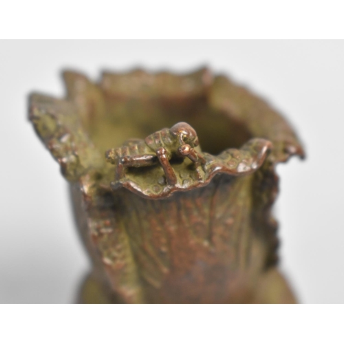 60 - A Small Bronze Chinese Ink Pot in the Form of a Flower with Grasshopper on Rim, Four Character Mark ... 