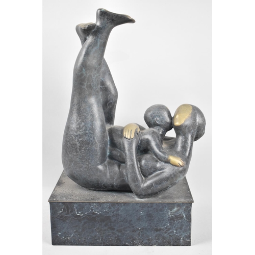 62 - A Modernist Bronze Sculpture of Mother and Child on Rectangular Plinth Base, 33cms High