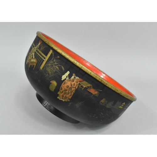 78 - A Japanese Lacquered Papier Mache Bowl Decorated in Multi Coloured Enamels with Figures on Black Gro... 