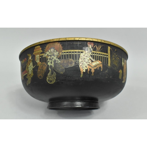 78 - A Japanese Lacquered Papier Mache Bowl Decorated in Multi Coloured Enamels with Figures on Black Gro... 