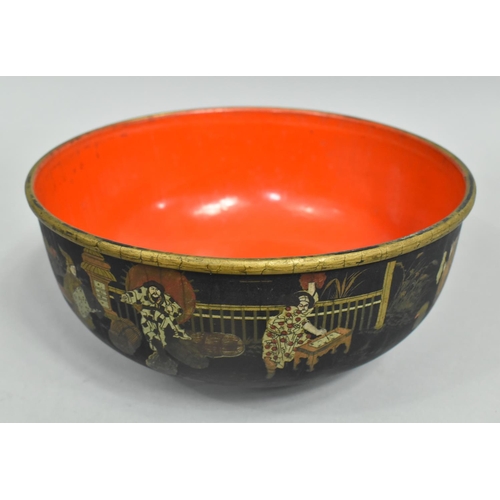 78 - A Japanese Lacquered Papier Mache Bowl Decorated in Multi Coloured Enamels with Figures on Black Gro... 