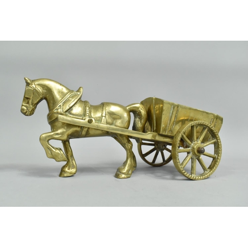 86 - A Heavy Brass Model of a Horse and Cart, 37cm Long