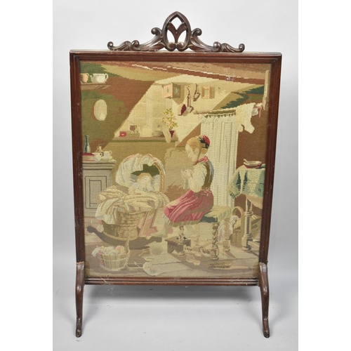 104 - A Late Victorian Mahogany Framed Fire Screen with Tapestry Centre depicting mother and Child, 56cms ... 