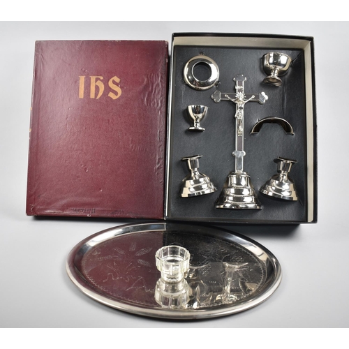 124 - A Late 20th Century Silver Plated Altar Set in Box, Made in West Germany