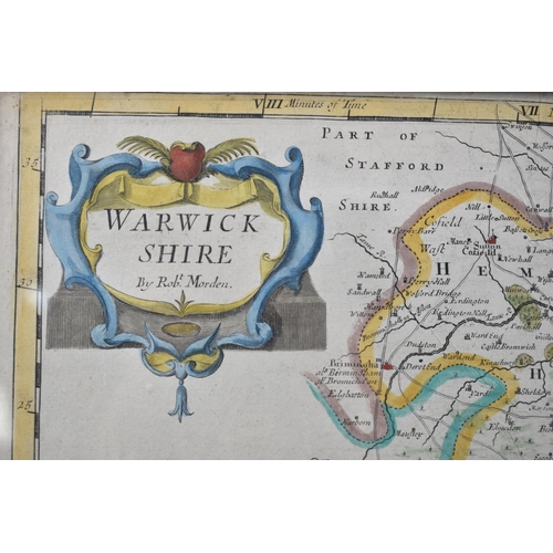 168 - A Framed Hand Coloured 18th Century Map of Warwickshire by Robert Morden, 46x38cm